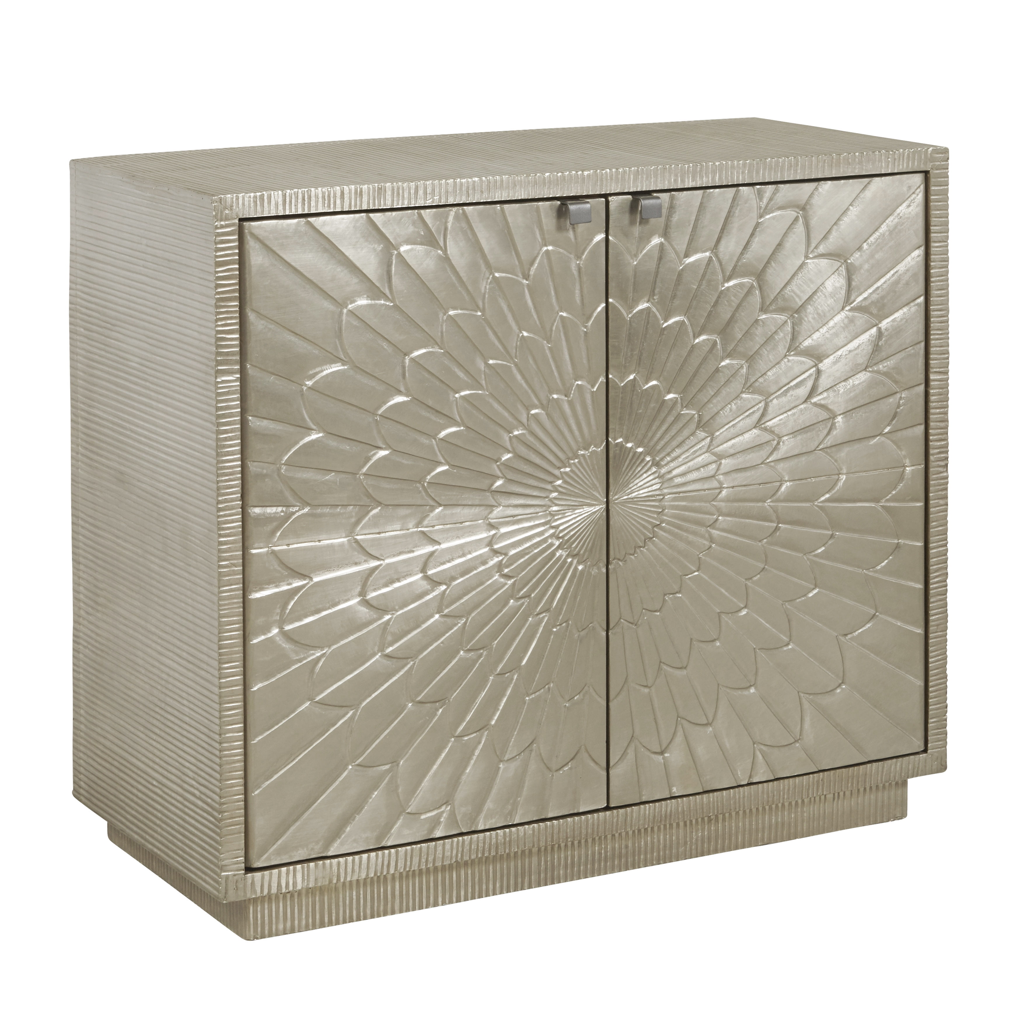Home Fare Camellia Floral Carved 2 Door Chest in Moonlight Silver