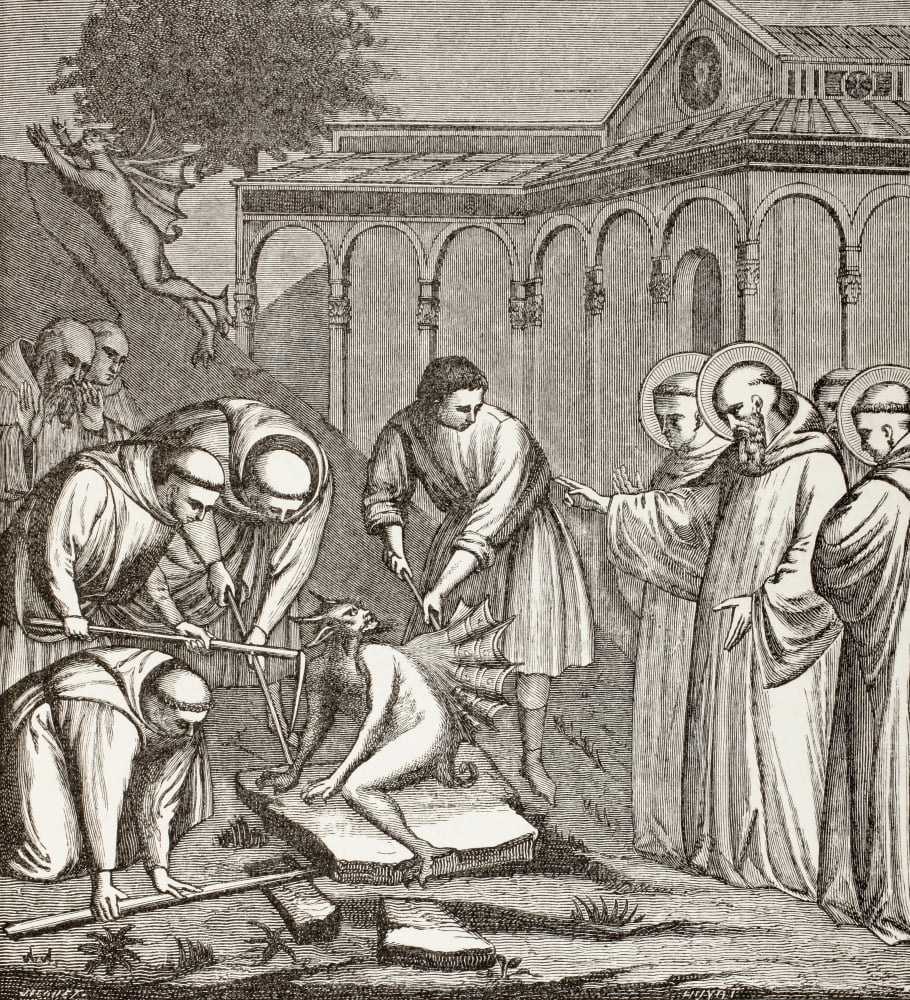 St Benedict And The Devil When Benedict Was Building A Chapel The Devil Sat On A Stone And Nobody Could Move Him Until St Benedict Blessed The Stone Then The Devil Took Flight From Military And Religi