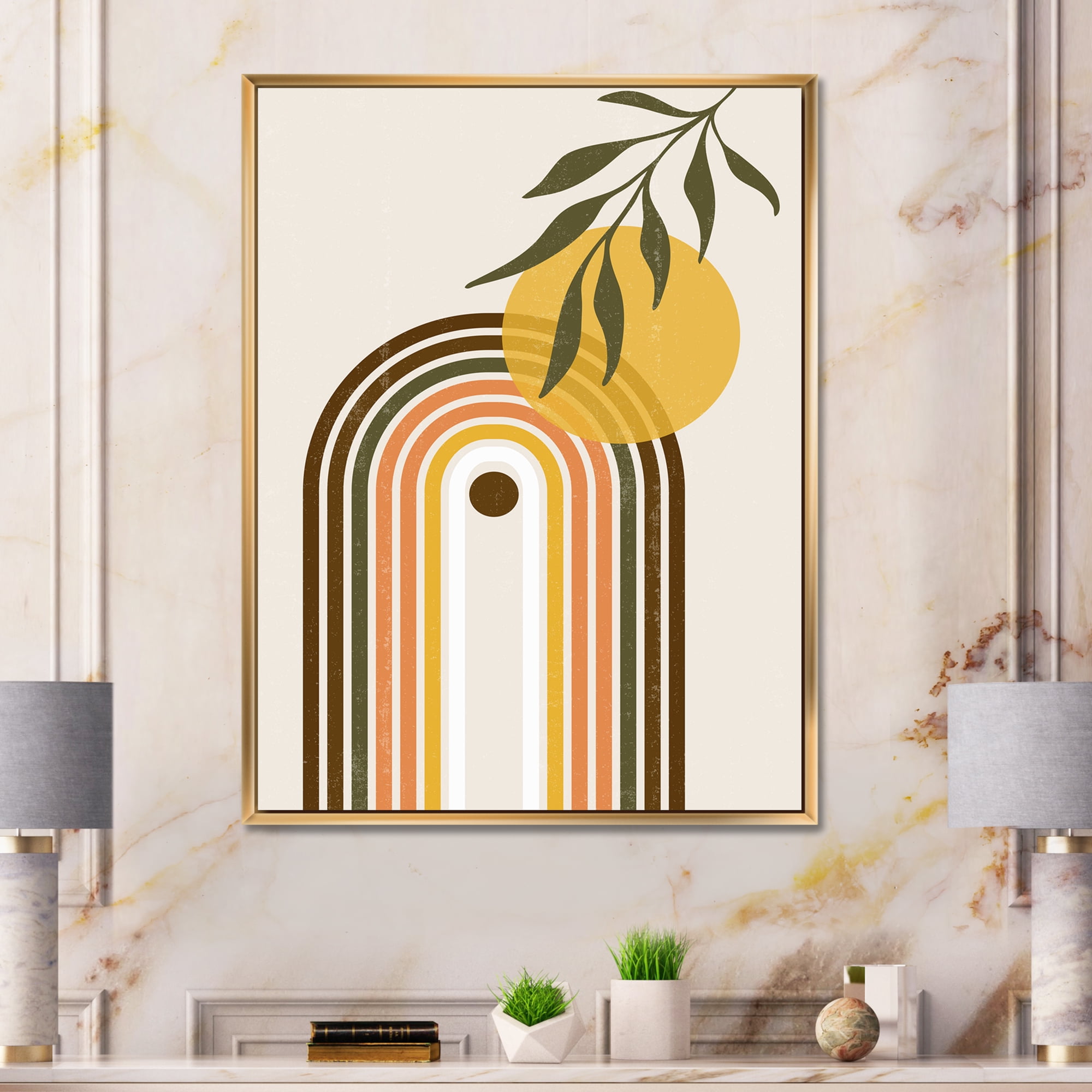 Designart 'Abstract Retro Rainbow With Yellow Sun' Modern Framed Canvas Wall Art Print