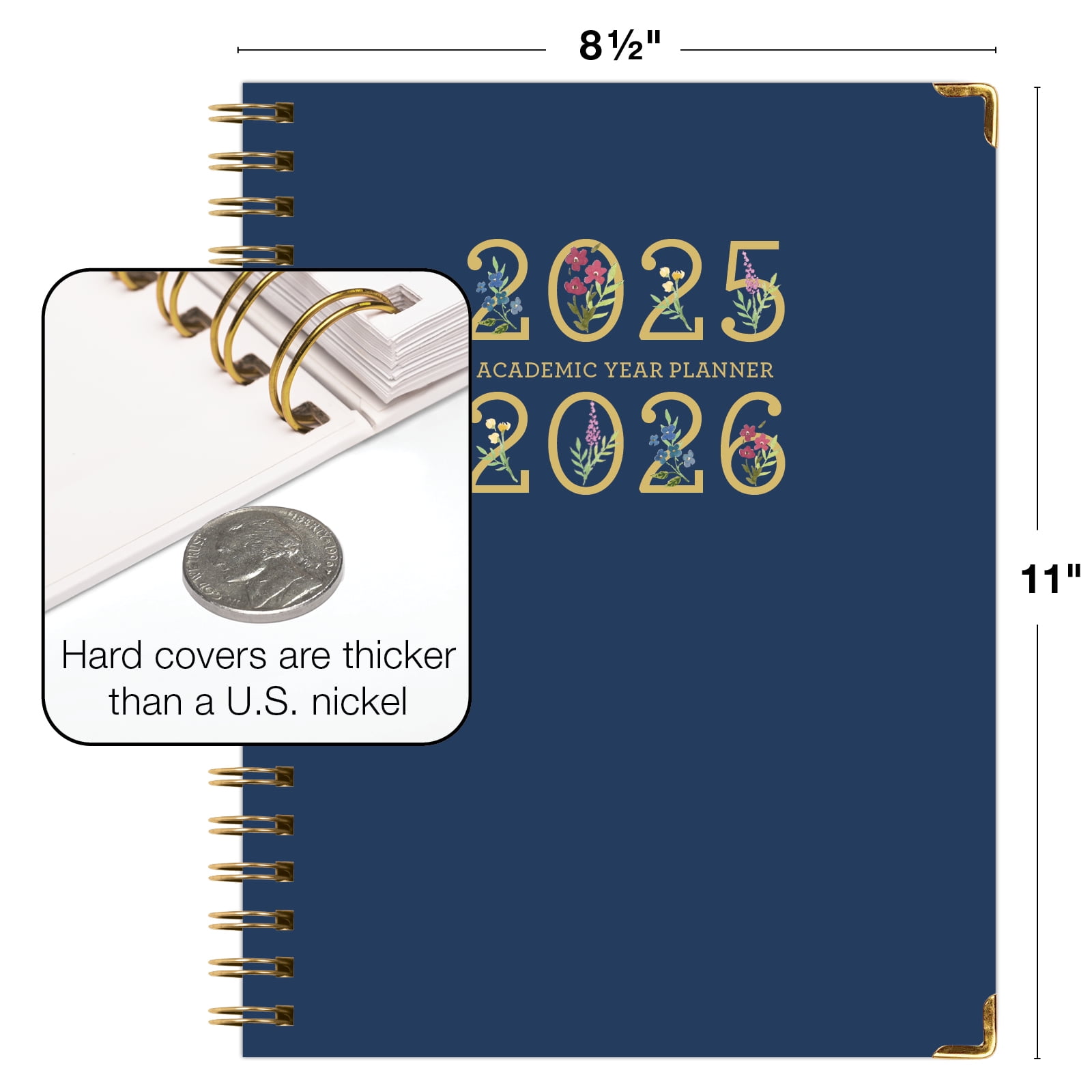 Academic Year 2025-2026 Planner, June 2025 - July 2026, 8.5"x11" Daily Weekly Monthly Planner Yearly Agenda, Hardcover, Bookmark, Pocket Folder and Sticky Note Set (Navy Gold Numbers)
