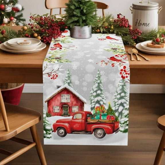Christmas Cotton Linen Table Runner Red Truck Cardinal Bird Farmhouse Winter Dining Table Runners for Home Decor Party Dining Room Restaurant Kitchen Party 13" x 60"