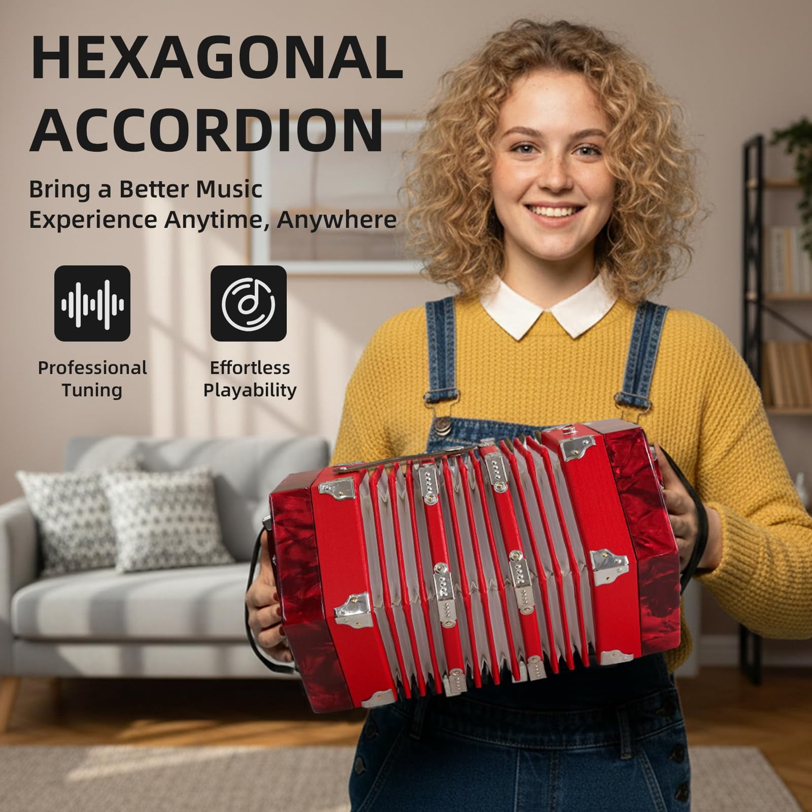 YueChun Concertinas,20-Key Accordion for Adults, Professional Accordion for Beginners, Adjustable Hand Straps, Instrument Accessories (Red)