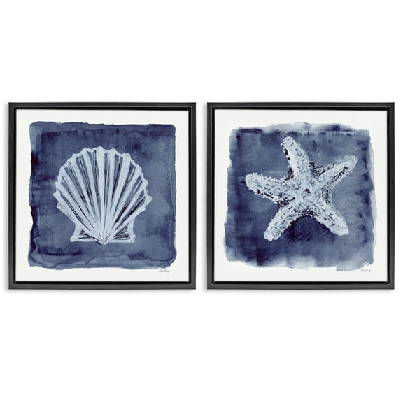 Stupell Industries Shell & Starfish Impressions Nautical & Beach Painting Black Floater Framed Canvas Art Print Wall Art, 18 x 18, Set of 2