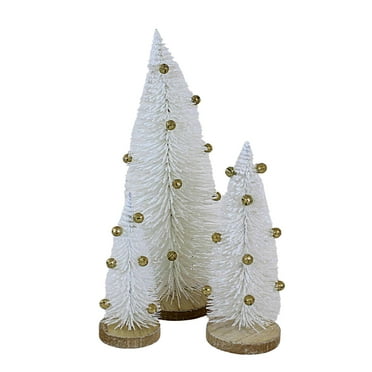 Option 2 White Bristle Tree With Gold Bells - Three Trees 10.0 Inch, Sisal - Christmas  Wooden Base A41633