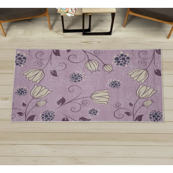 Floral Decorative Rug, Dutch Tulip Ottoman Flowers with Leaves Natural Ornaments of the World with Dots, Quality Carpet for Bedroom Dorm and Living Room, 6 Sizes, Pale Slate, by Ambesonne