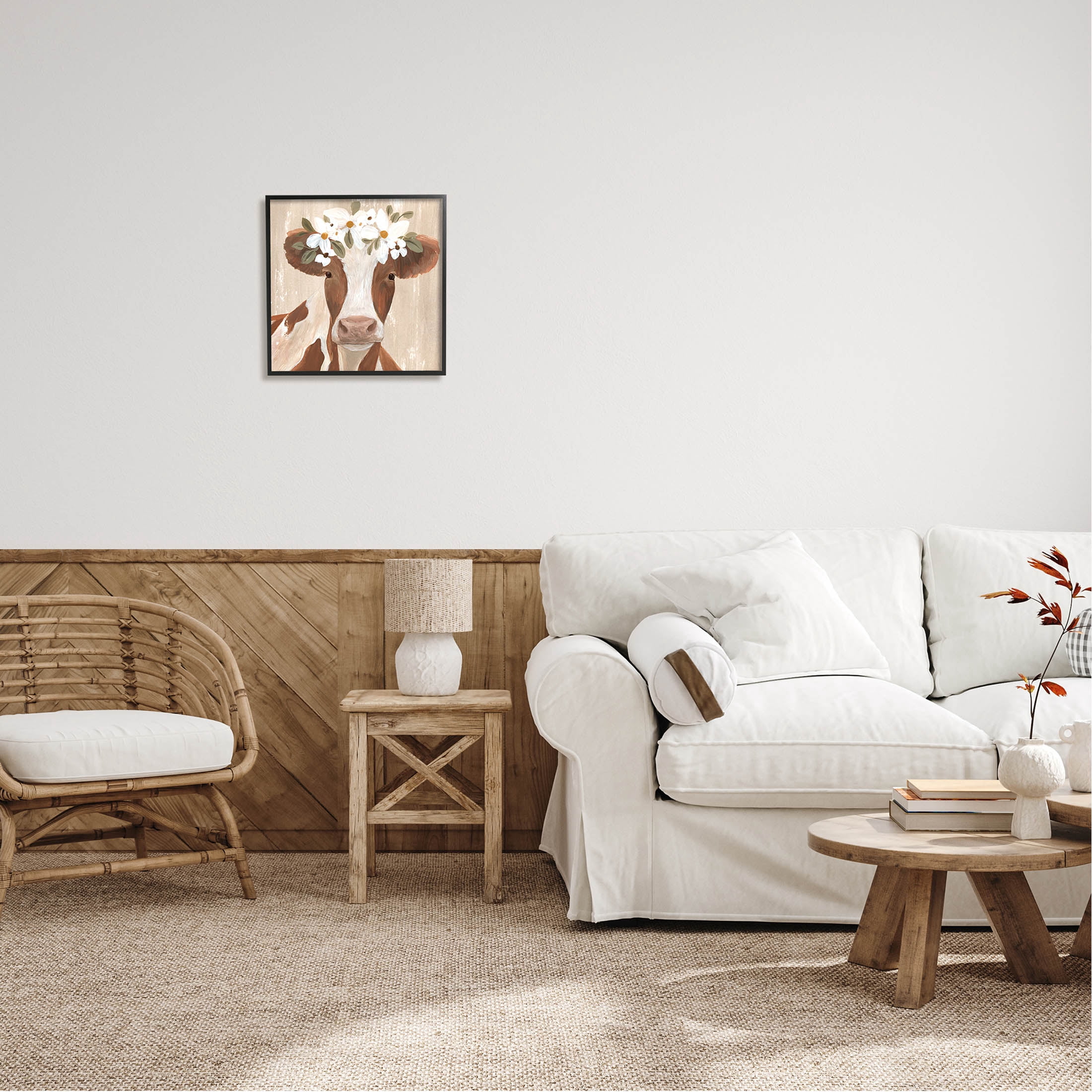Rustic Cow Portrait Flower Blossoms Animals & Insects Graphic Art Black Framed Art Print Wall Art
