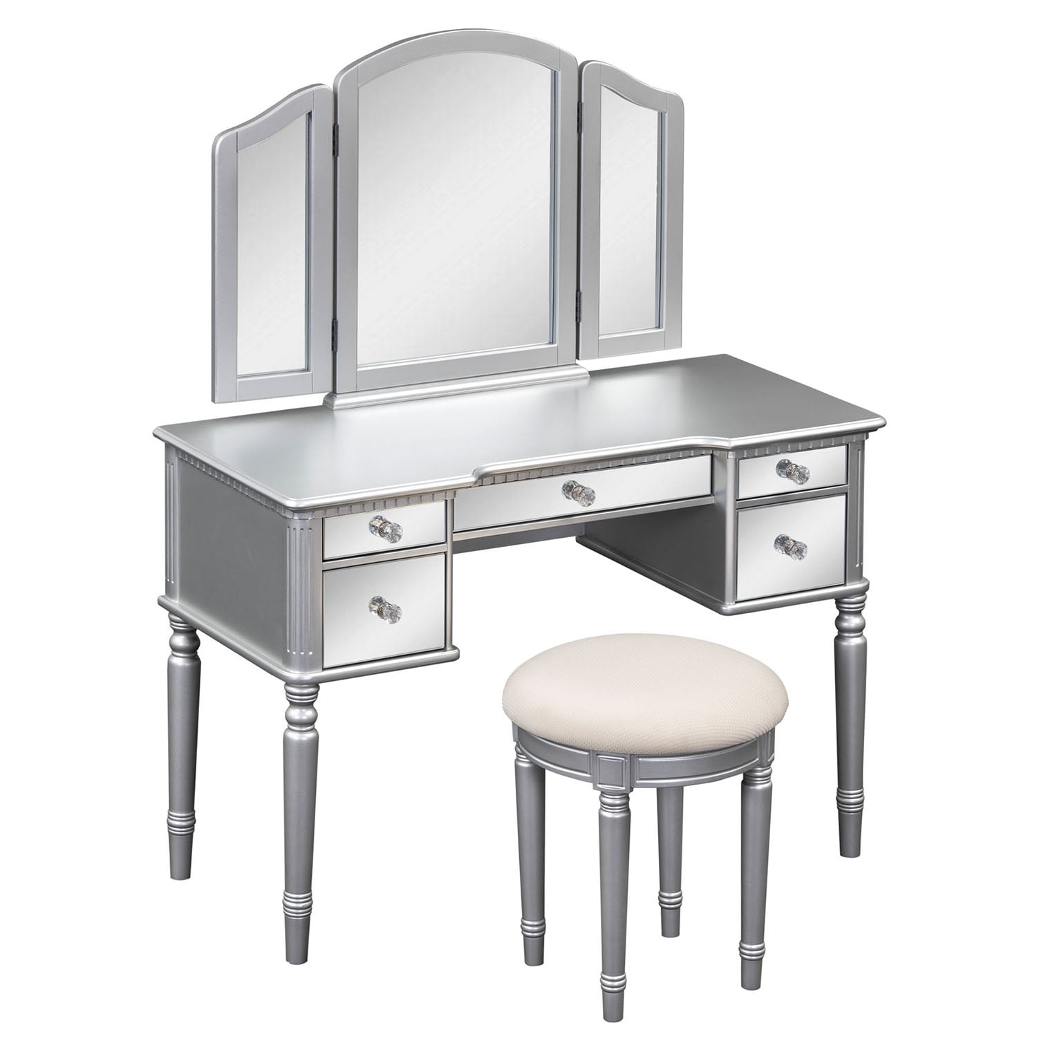 Resenkos 43" Dressing Table Set with Mirrored Drawers and Stool, Tri-fold Mirror, Makeup Vanity Set for Bedroom, Silver Resenkos 43" Dressing Table Set with Mirrored Drawers and Stool, Tri-fold Mirror, Makeup Vanity Set for Bedroom, Silver