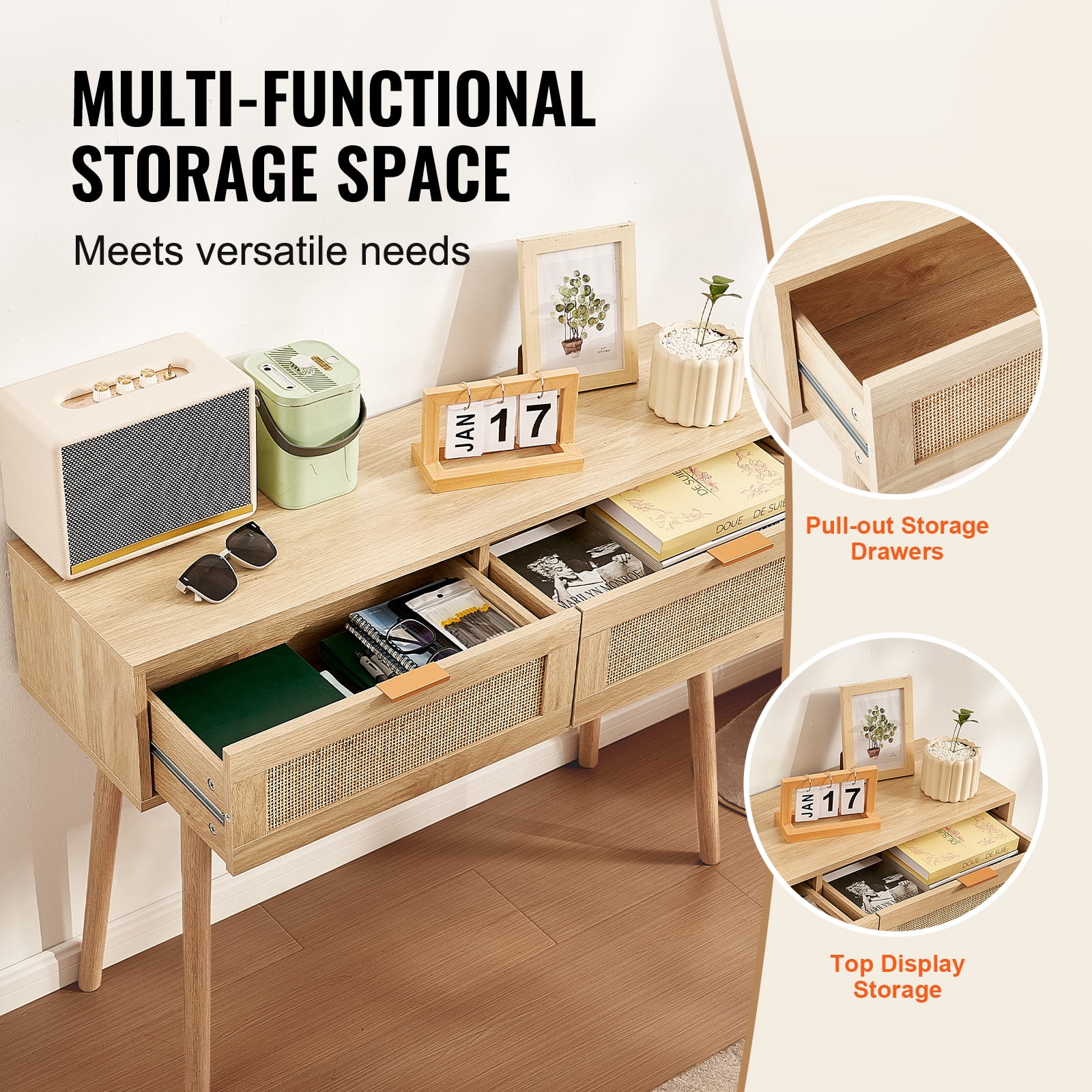 VEVOR Rattan Console Table with 2 Storage Drawers, Rattan Entryway Table with Natural Rattan Sliding Door, Console Sofa Table for Living Room, Study, Entryway Or TV Wall, Natural