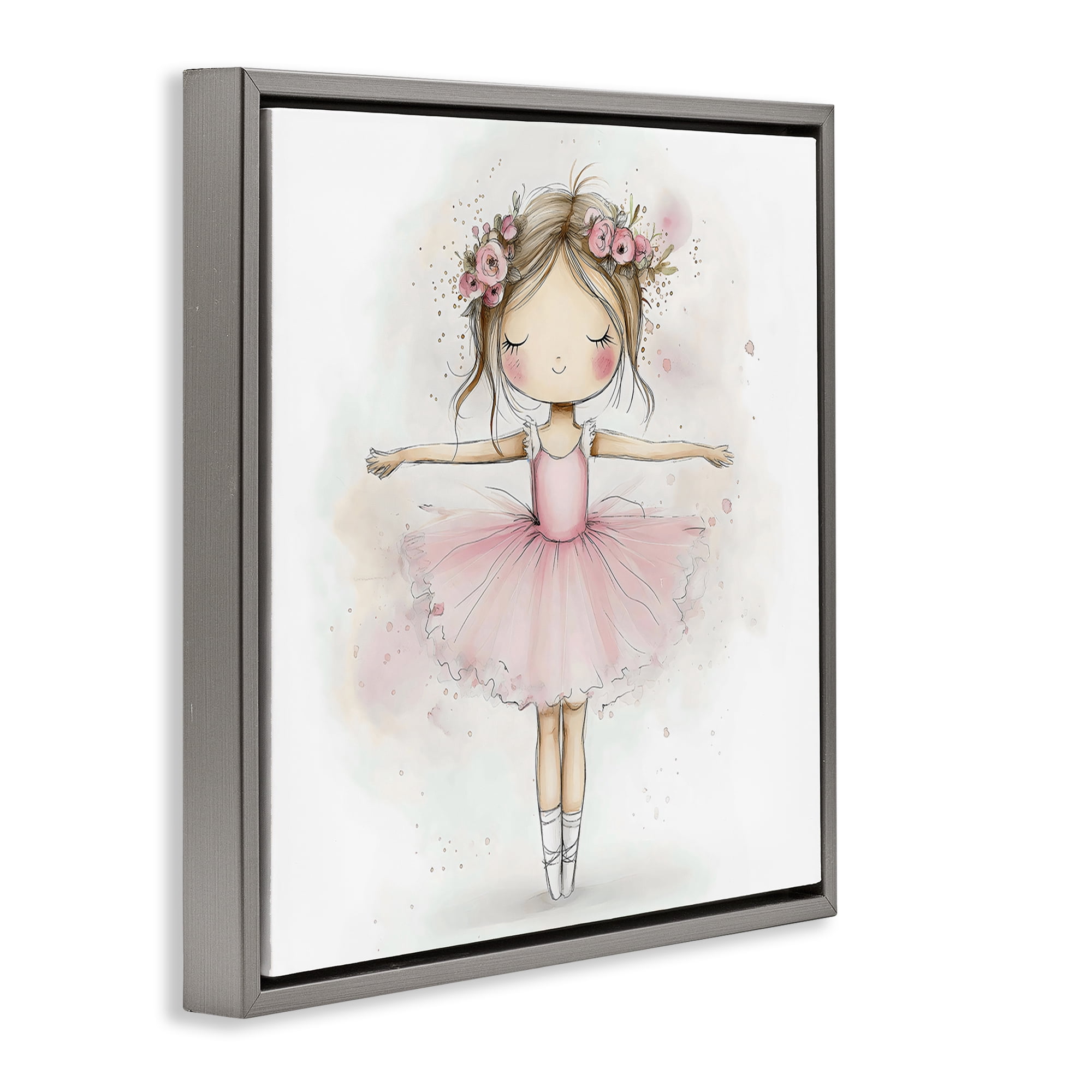 Stupell Industries Flower Ballerina in Pink Tutu Gray Framed Floater Canvas Wall Art, design by Creative Studio