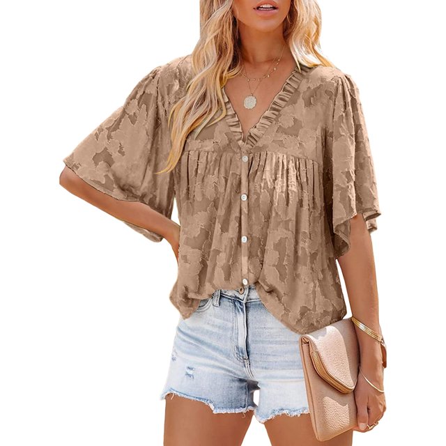 Txlixc Blusa informal para mujer, cuello en V, manga acampanada, textura de flores, botones, camisa suelta con volantes para mujer Txlixc Moda