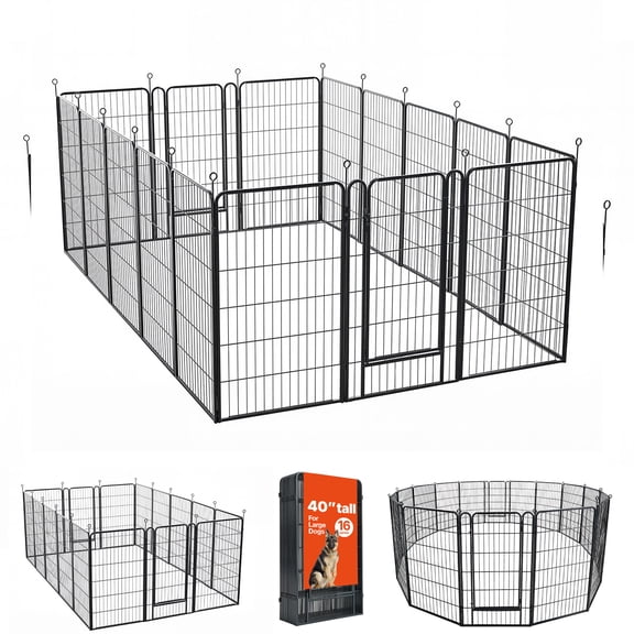 KFFKFF 40-Inch 16-Panel Foldable Metal Dog Playpen, Durable Pet Exercise Fence with Door for Indoor/Outdoor Use, Suitable for Small and Large Dogs or Cats, Portable Design for Camping and Yard, Black