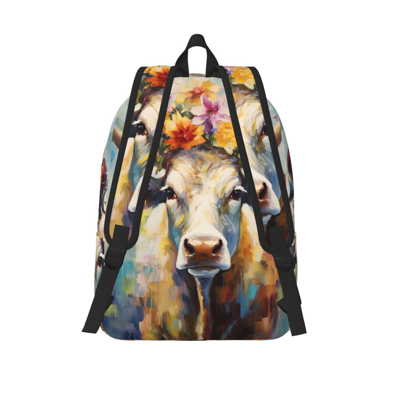 Picia Oil Painting Flower Cow Printed Canvas Daypack - Stylish and Durable Vintage Compact Backpack - Class, Work, Travel, or Laptop Bookbag,Organized Compartments-Small
