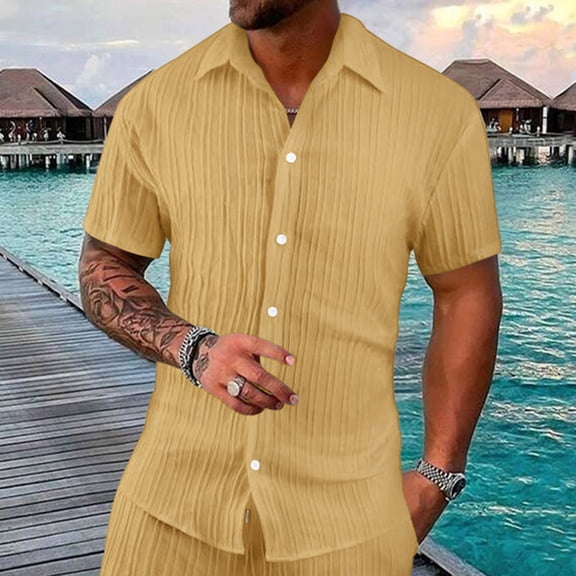 Gyexs Mens Short Sleeve Shirts Button Down Yellow Breathable Cotton Shirts Comfortable Classic Fit Tshirt Holiday Men's Clothing, Size XL