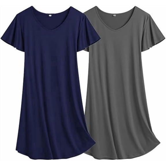 Fiykzur 2 Pack Nightgowns for Women Flare Short Sleeve Sleepshirt V Neck Sleepwear Pajama Dress