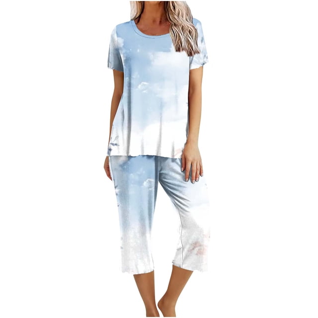Conjunto de Verano para las Mujeres Impreso Cuello Redondo sin Mangas Y Pantalones, Casual Dos Piezas para las Mujeres