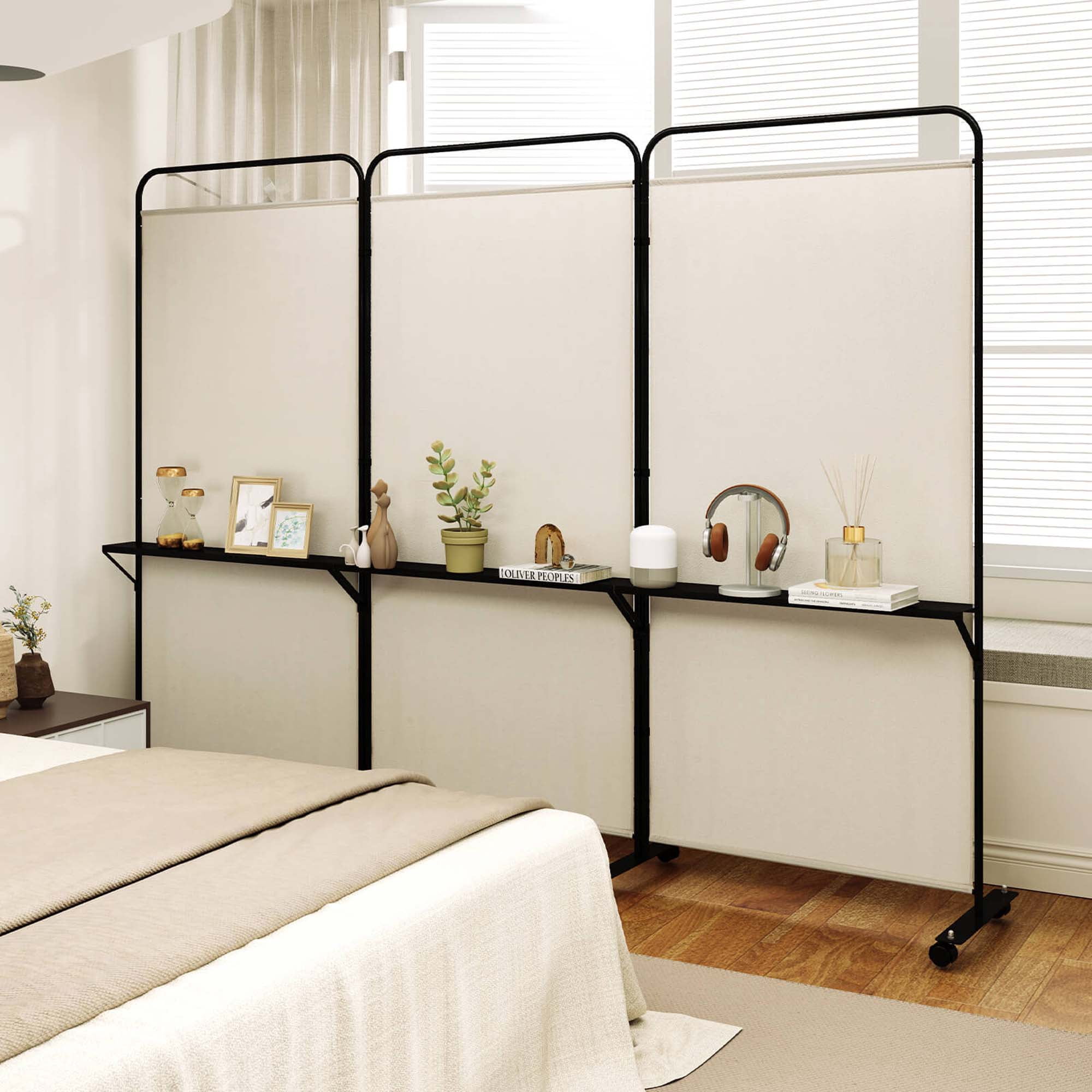 Costway 3-Panel Room Divider with Storage Shelves 6FT Tall Folding Privacy Screen on Wheels White