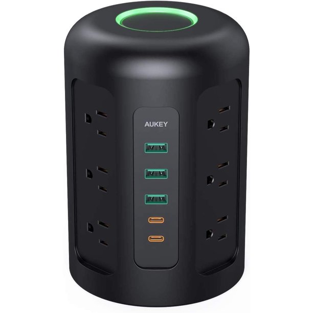 Aukey Power Strip Tower Surge Protector With 2 Usb C Ports 3 Usb Ports 12 Ac Outlets And 5ft Power Cable Charging Station For Smartphone Tablet Laptops Power Banks Home Office