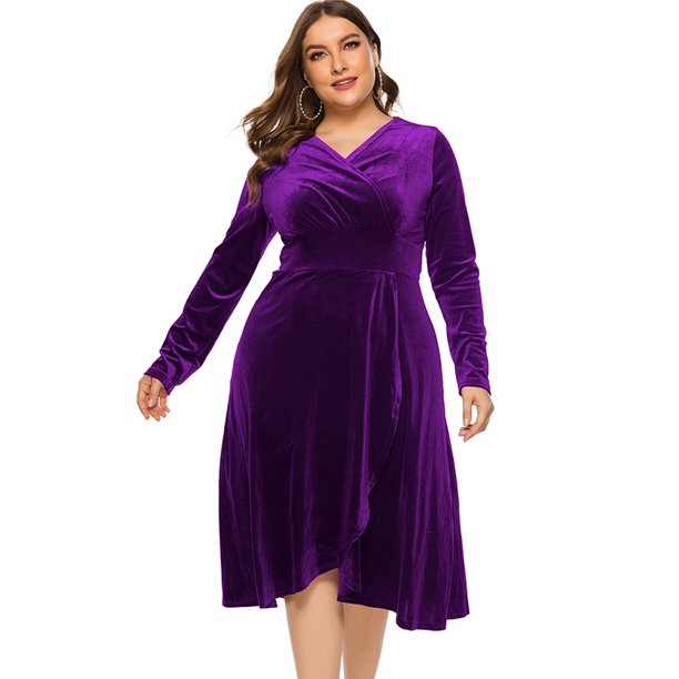 Vestido de talla grande para mujer Cuello cruzado de terciopelo Cuello en V Cintura alta Drapeado Ma Abanopi Morado/XXXXL