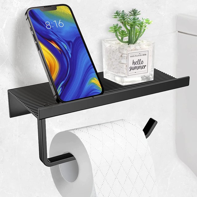 Soporte de papel higiénico, soporte de papel higiénico montado en la pared sin perforación, soporte de papel higiénico de aluminio con estantes espaciosos (negro), 18*8,5*6,5 cm TUNC Sencillez