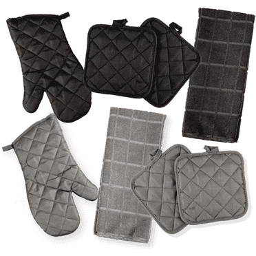 Kitchen Towels, Oven Mitts, Potholders, Kitchen Towel Set 8 Pc Gray & Black - Potholder Scrubber Dishcloth Oven Mitt Set by Osnell USA