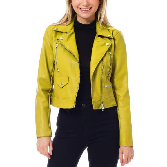 MixMatchy Women's Faux Leather Long Sleeve Zipper Closure Moto Biker Short Coat Jacket