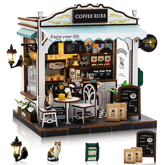 MOJINO Book Nook Kit for Adults, Coffee Shop DIY Miniature House Kit with LED Light, 3D Wooden Puzzle Bookshelf Decor