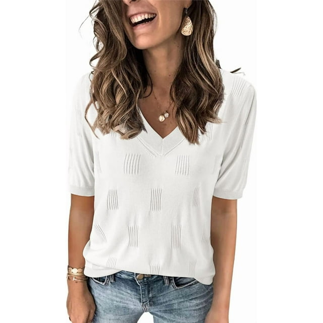 Arach&Cloz Women's V-Neck Short Sleeve Special Rib Knitted Pattern Casual Tops Sweater Spring Summer 2025