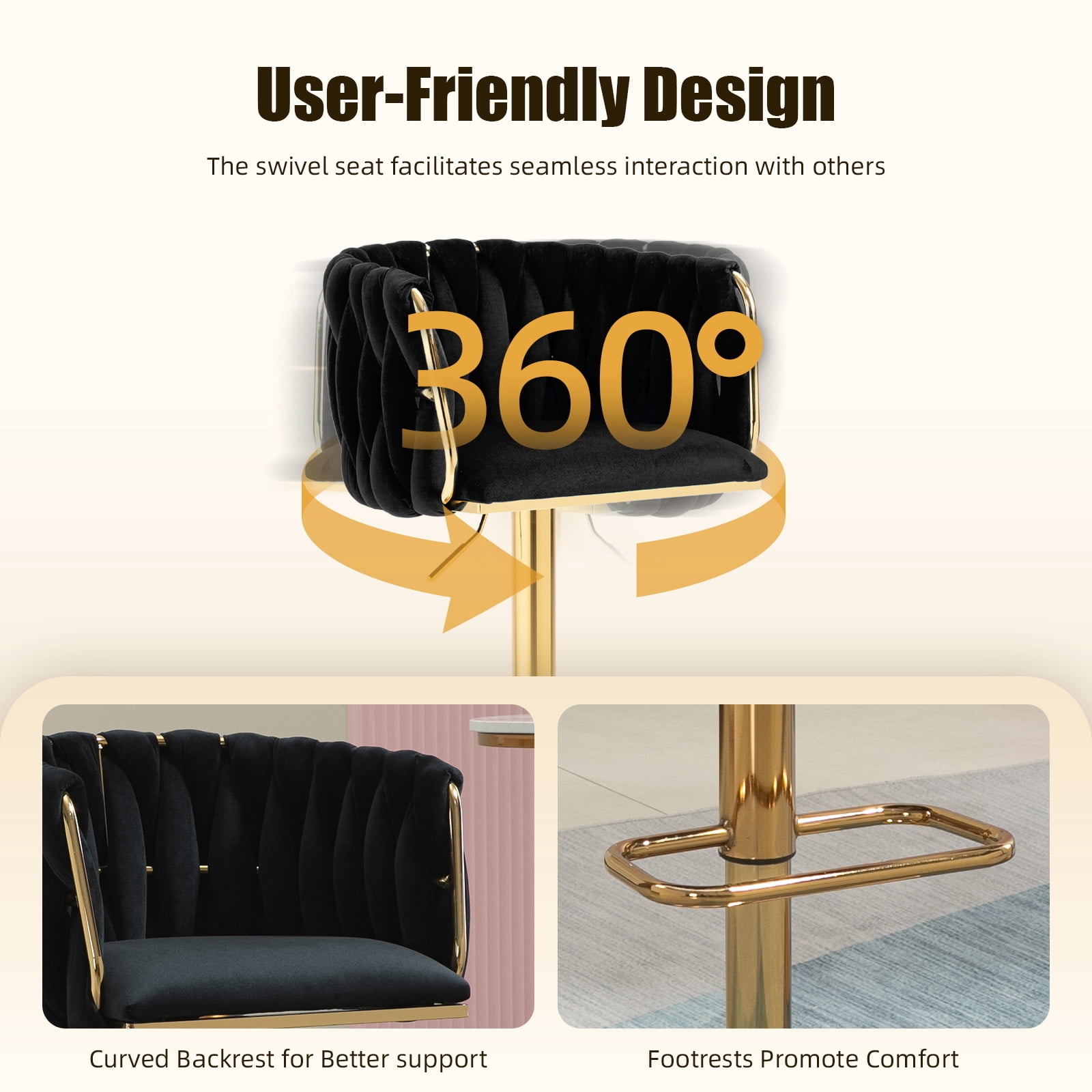 Homefun Velvet Bar Stools Set of 2,Modern Height Adjustable Swivel Barstools Counter Chairs with High Back & Gold Metal Base