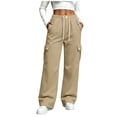 thumbnail image 3 of Sweatpants Women Zaewscy Women's Casual Solid Color Drawstring Elastic Waist Sweatpants Cuffed Side Pockets Pants Khaki L, 3 of 8