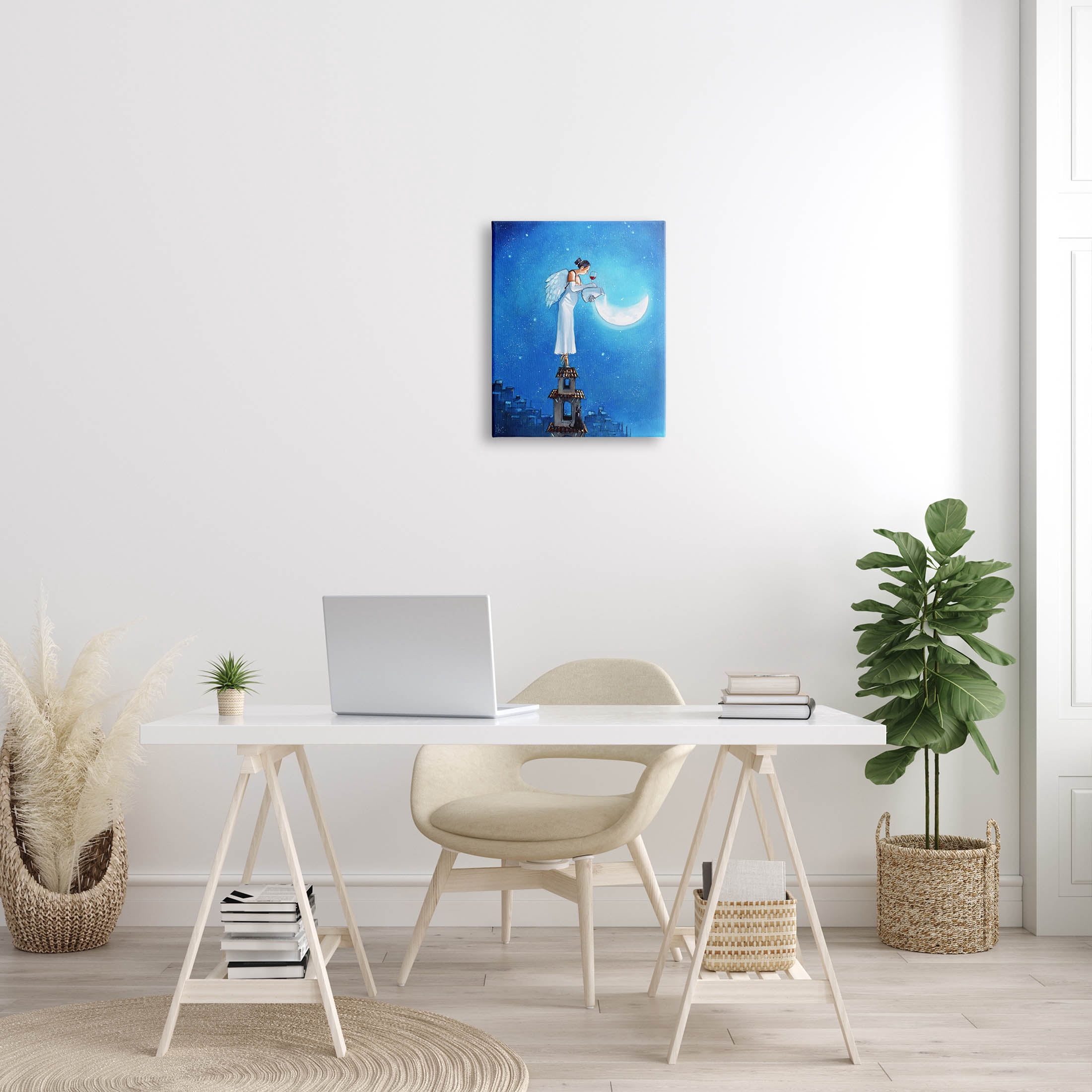 Angel Pouring Moon Cityscape Landscape Painting Gallery Wrapped Canvas Print Wall Art