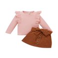 thumbnail image 1 of Toddler Baby Girls Autumn Clothes Solid Ruffle Knit Long Sleeve Pullover Tops Button A-Line Skirts 2Pcs Set White 9-12 Months, 1 of 9