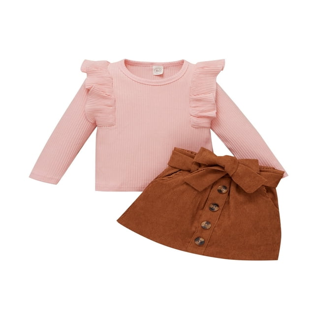 Toddler Baby Girls Autumn Clothes Solid Ruffle Knit Long Sleeve Pullover Tops Button A-Line Skirts 2Pcs Set White 9-12 Months