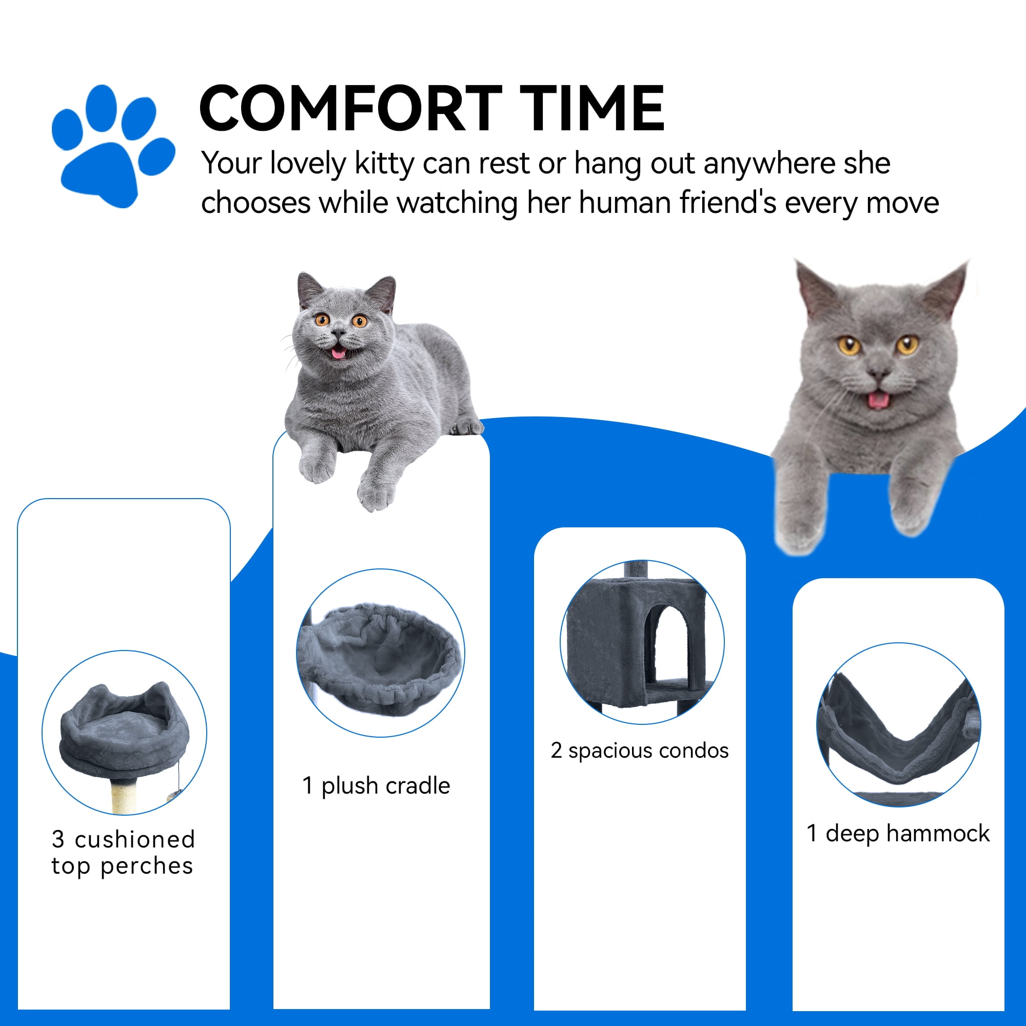 Dextrus 75" Multi-Level Cat Tree Tower with Cat Condos, Top Perches, Hammocks, Scratching Posts Board, Large Cat Activity Center,Dark Gray