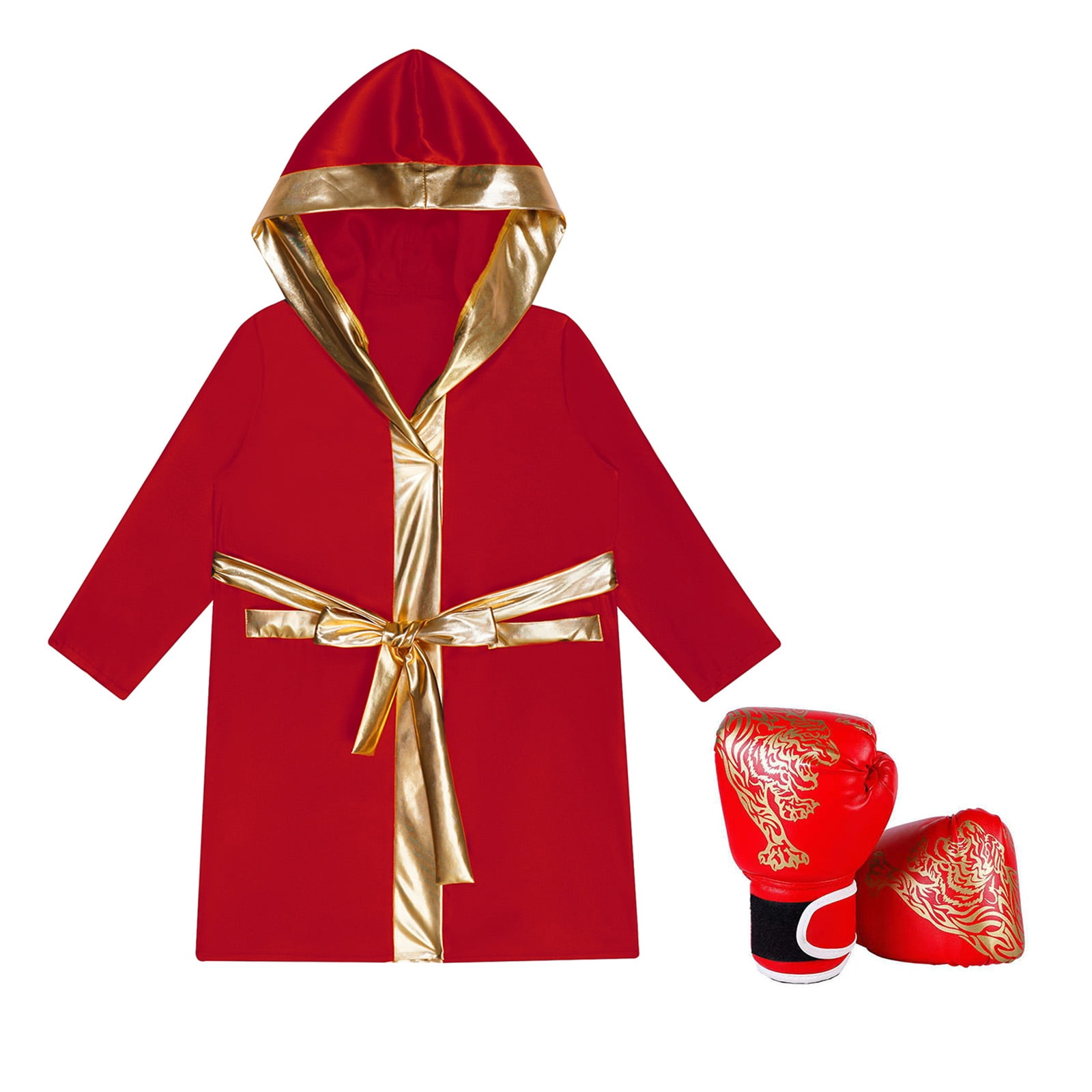 Hansber Kids Boys Boxing Uniform Satin Hooded Boxer Robes with Muay Thai MMA Training Gloves for Red 16