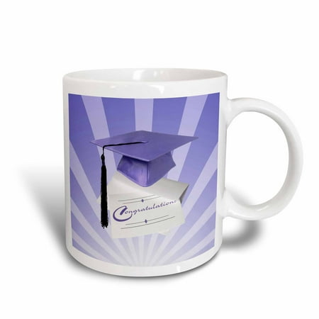 Rays Mug - 3dRose Purple Graduation Cap with Congratulations Card on Rays, Purple Background - Ceramic Mug, 11-ounce