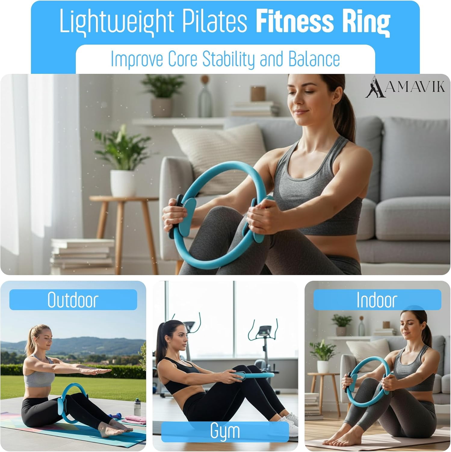 AMAVIK Pilates Kit 15-Piece Home Workout Set with 5 Resistance Bands, Pilates Ring and Ball Set with Accessories A Complete Pilates Set for Women to Improve Strength Flexibility and Balance Body-Blue