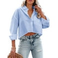 thumbnail image 3 of Women Button Down Cropped Shirts Long Sleeve Casual Solid Lapel Blouse, 3 of 5