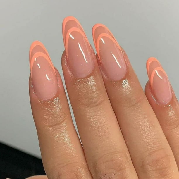 Uñas postizas medianas brillantes, uñas ovaladas diseñadas con línea abstracta, puntas de uñas francesas, almendra, linda cubierta completa, juegos de uñas postizas acrílicas para mujeres y niñas, 24