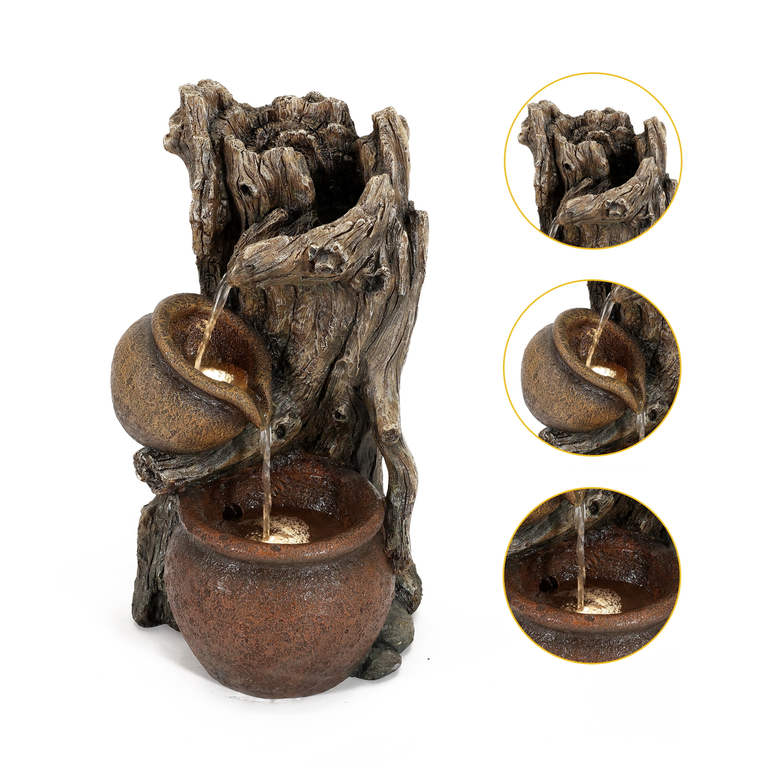 LuxenHome Brown Resin Tree Farmhouse Pots Outdoor Fountain with LED Lights