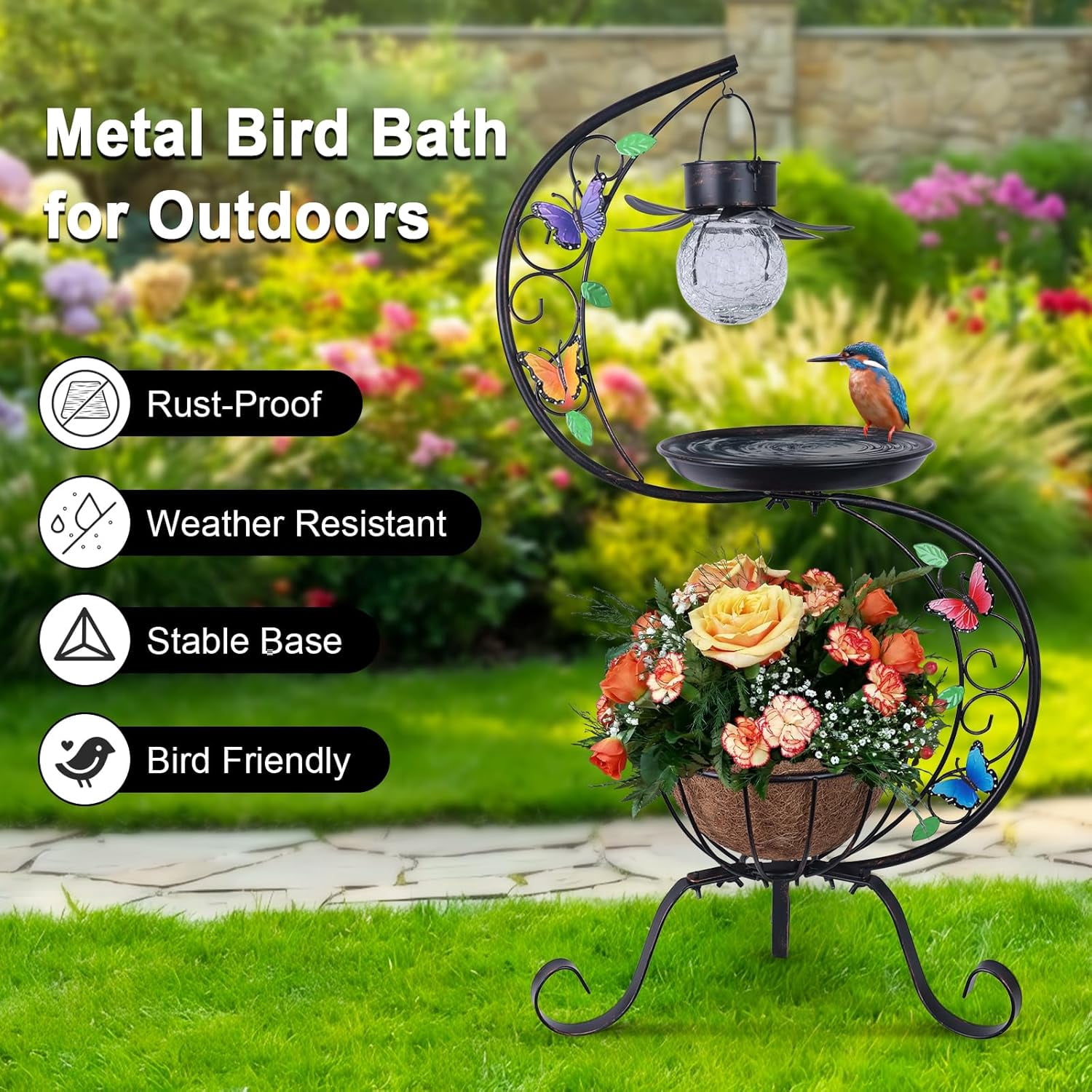 Bird Bath for Outside with Solar Lamp, Metal Birdbaths for Outdoors with Flower Planter Pedestal, Vintage Birdbath for Garden Yard Patio Lawn Decor