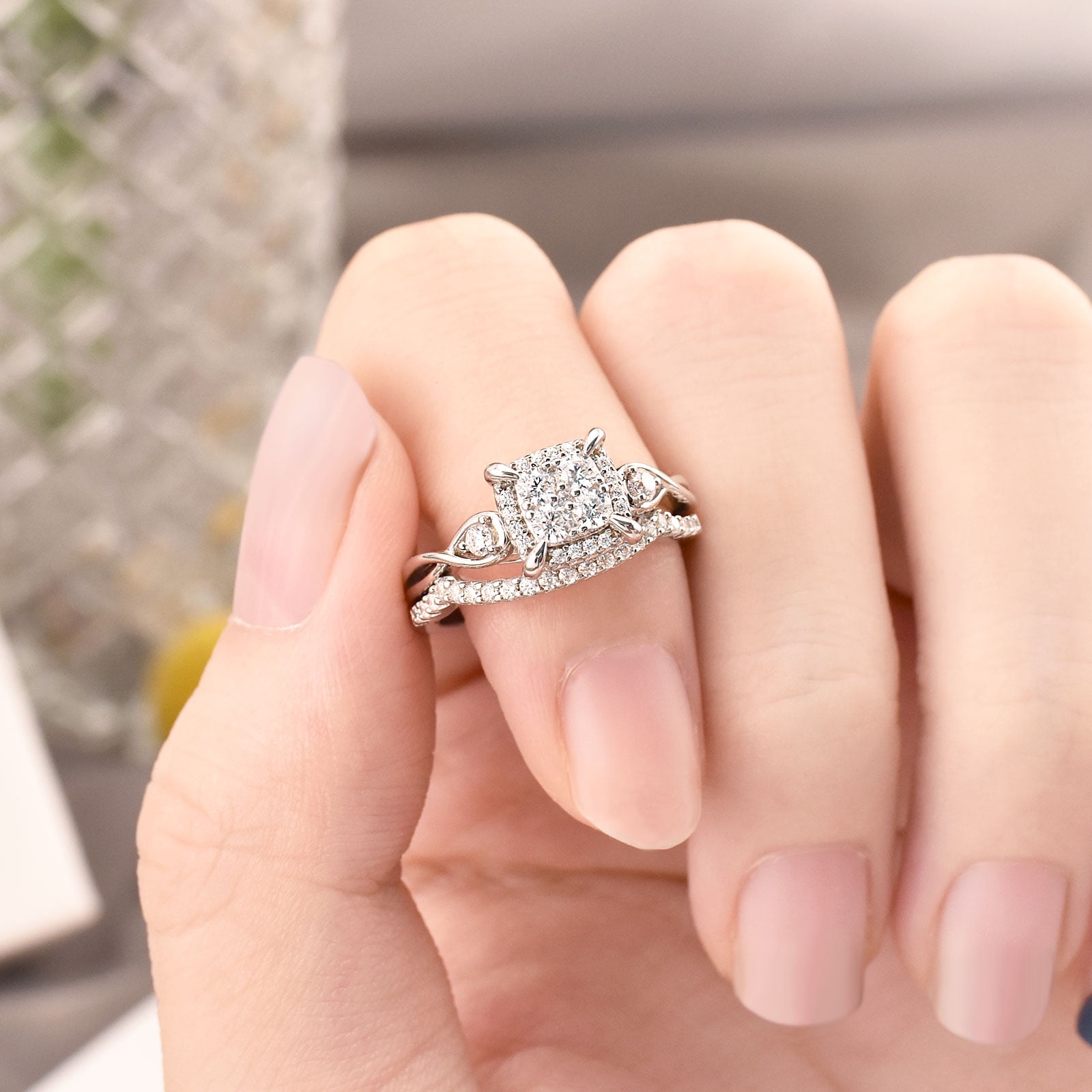 SHELOVES Infinity Sterling Silver Wedding Rings Set Round Cut Princess Cluster Cz for Women Size 7