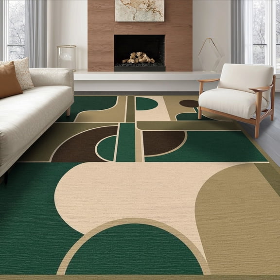 ODIKA 8'x10' Washable Area Rug Green Beige Geometric Abstract Modern Art Style with Bold Shapes for King Size Bedroom Under Bed, Master Suite, Non-Shedding, Easy Care