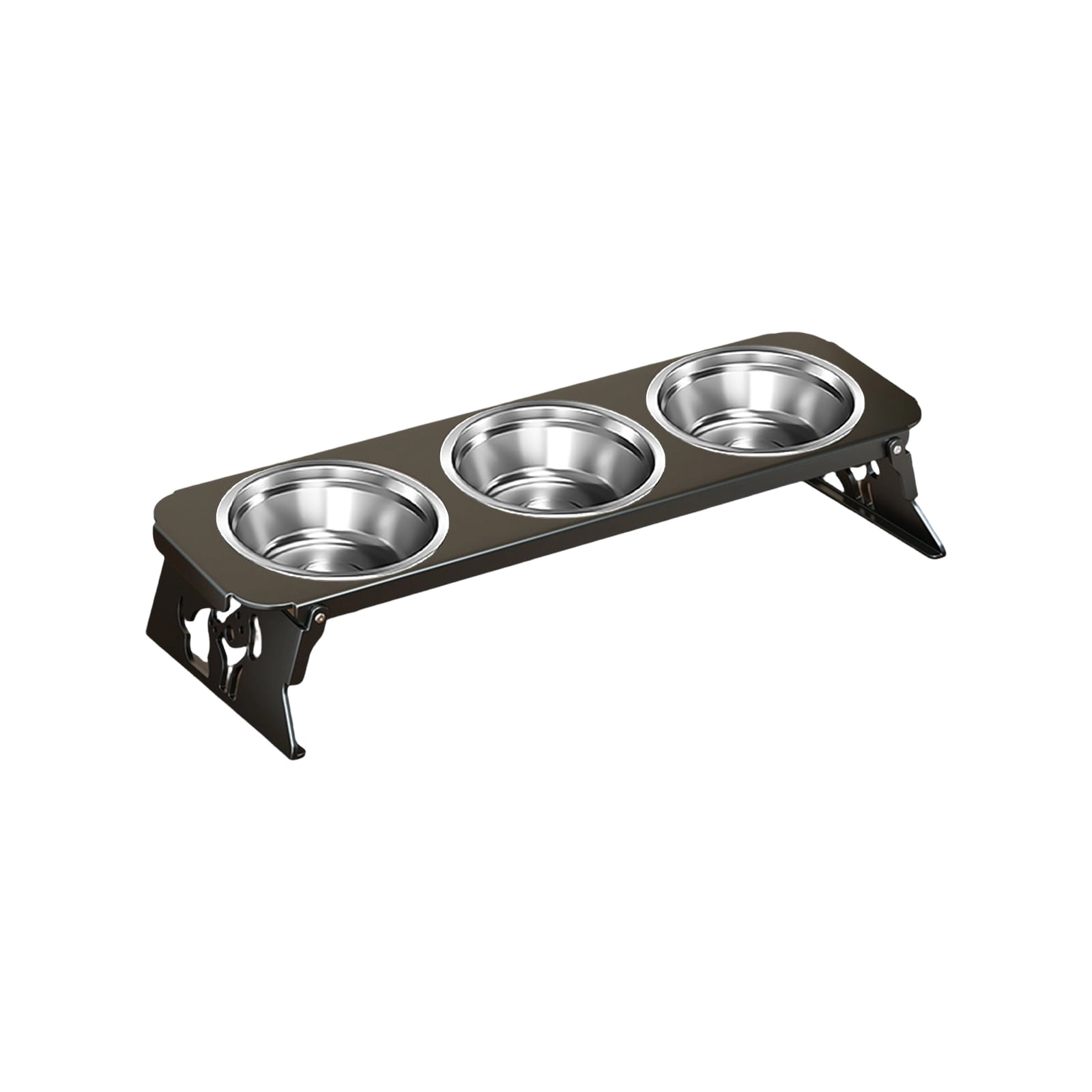 Elevated Triple Pet Feeder with Three Stainless Steel Bowls Foldable Raised Dog Bowl Stand for Neck Protection Small Dogs and Cats Multi-Pet Food Water Station Stand and Support - Black