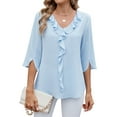 thumbnail image 4 of TEMOFON Women Summer Blouses Dressy Casual Ruffle V Neck Tops Comfy Chiffon Loose Fit 3/4 Sleeve Light Blue Shirts, 4 of 5