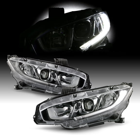 AKKON - Fits 2016-2021 Honda Civic DX EX EX-L EX-T LX LX-P [Halogen Type] Projector Chrome Headlights Pair Left   Right