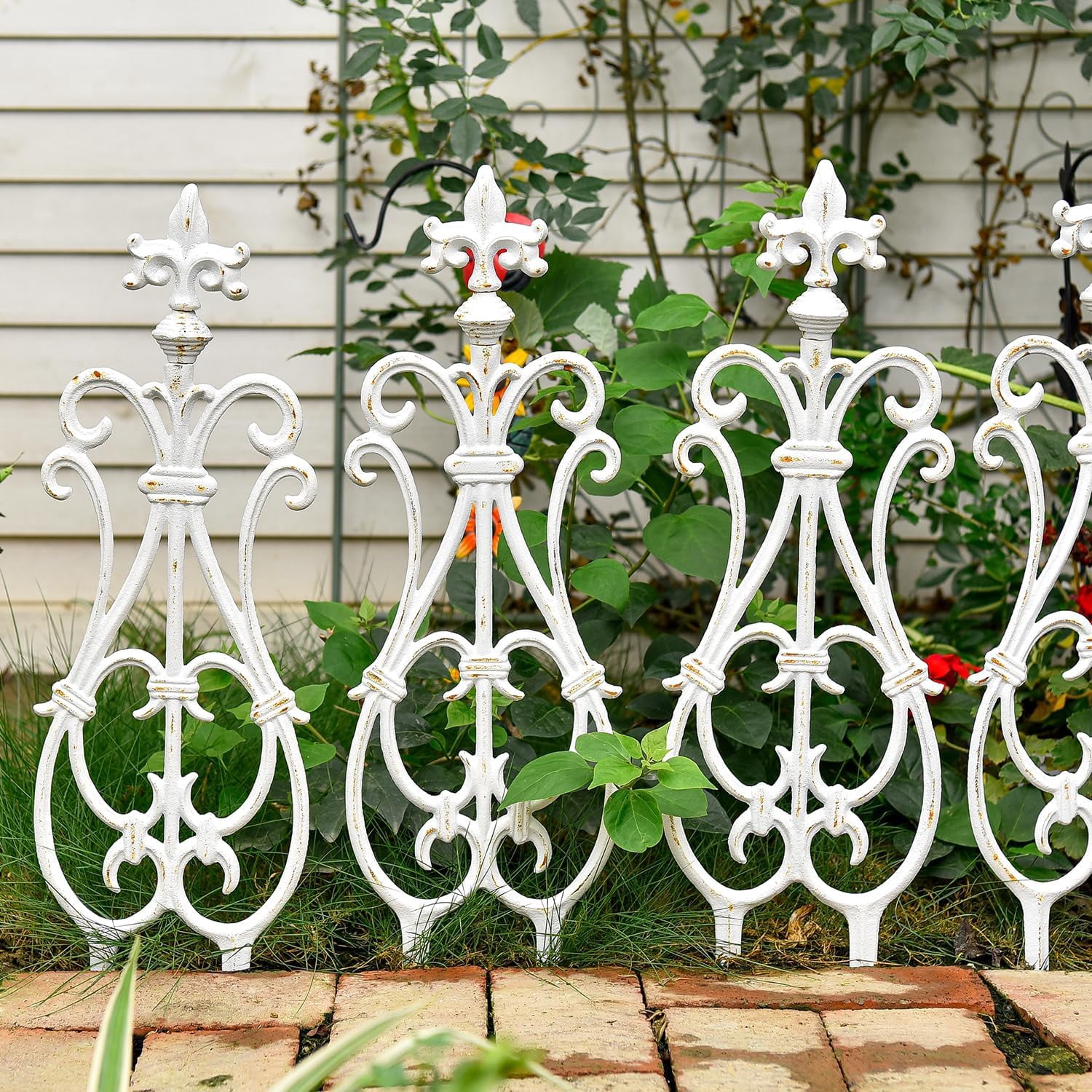 Sungmor Cast Iron Garden Edging Border, Flower Bed Landscape Picket Fence Panels, 28" x 7.6", 4 Count White