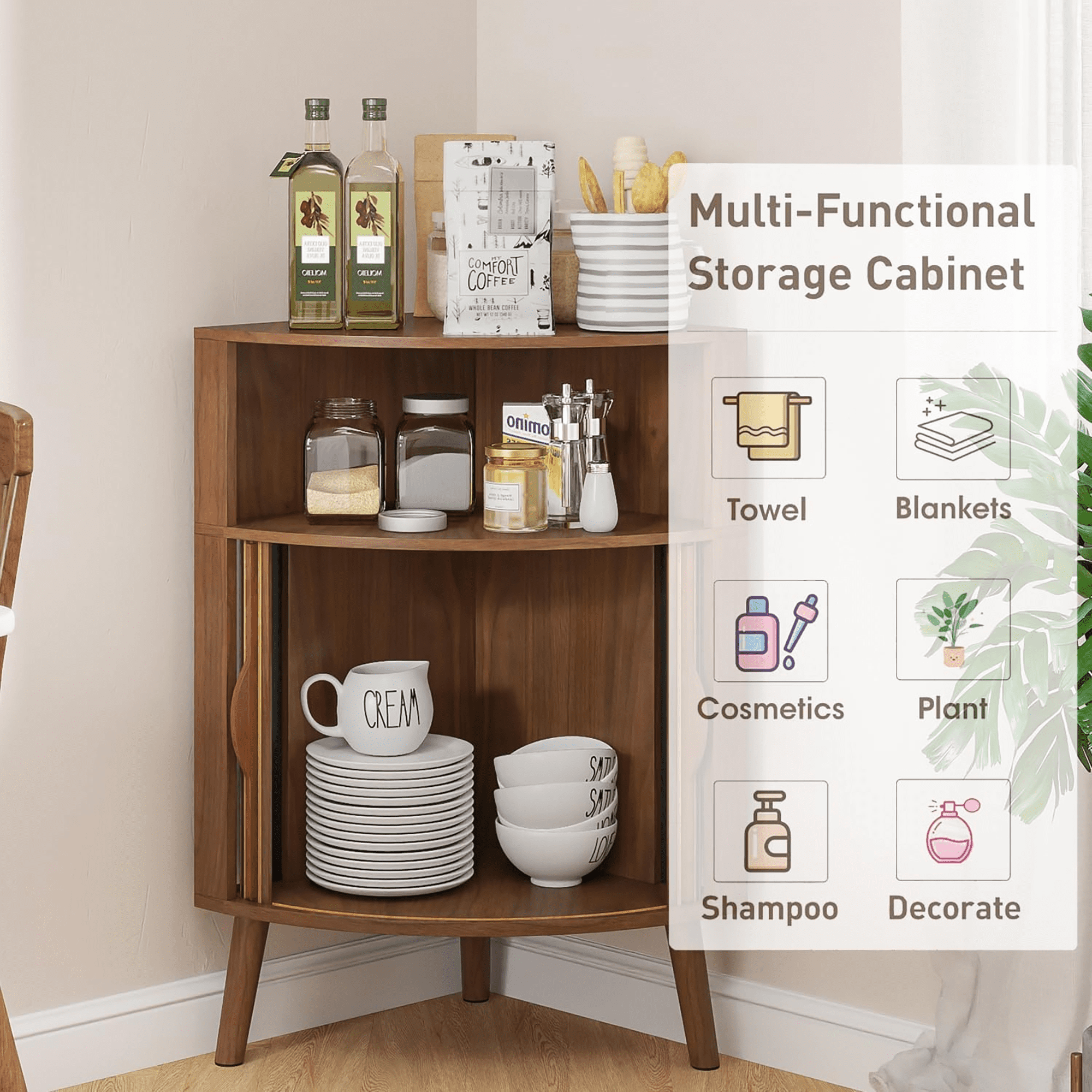 Fluted Bathroom Corner Storage Cabinet, Small Corner Floor Cabinet with Doors and Shelves, Freestanding Narrow Cabinets Organizer for Bathroom, Living Room, Kitchen, Walnut