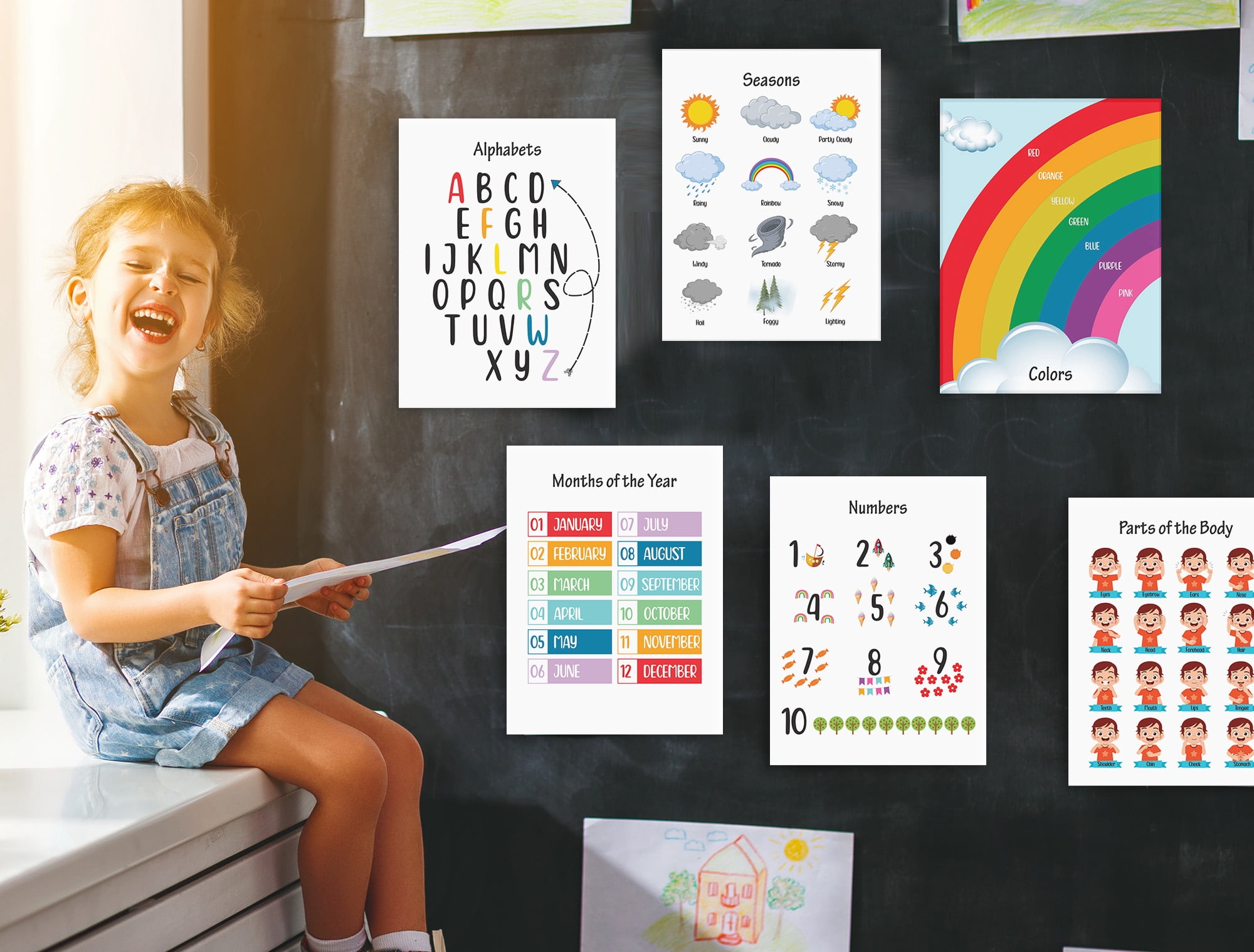 Traceease 10 Educational Posters for Classroom Decor & Kindergarten Homeschool Supplies Baby, Laminated Preschool Learning Chart Materials - ABC Alphabet, Numbers, Shapes,Feelings,Weathers