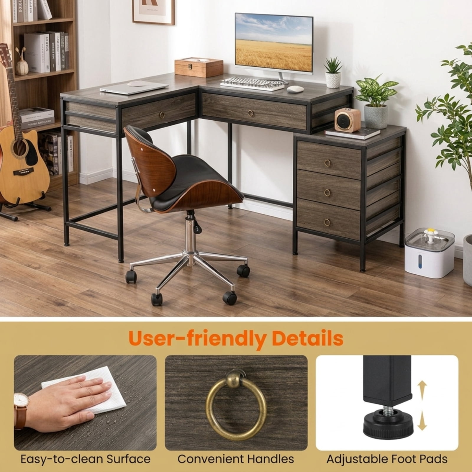 Furnibear Computer Desk with 5 Drawers, Home Office Desk with Side File Cabinet and Metal Frame for Study Writing Working, Grey
