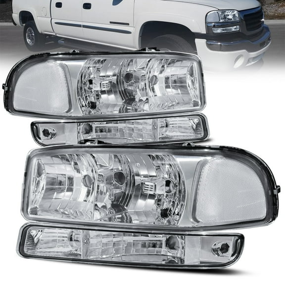 MOSTPLUS 2PCS Chrome Headlight Assembly & Bumper Lamps for 1999-07 GMC Sierra 2000-06 Yukon